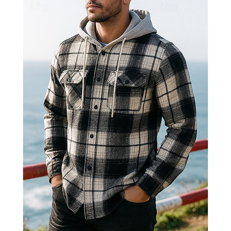 Hooded Plaid Shirt Jacket Men's Black Cream Flannel Button Front – Casual, Outdoor, Autumn Layering
