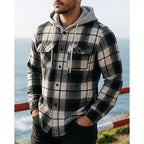 Hooded Plaid Shirt Jacket Men's Black Cream Flannel Button Front – Casual, Outdoor, Autumn Layering
