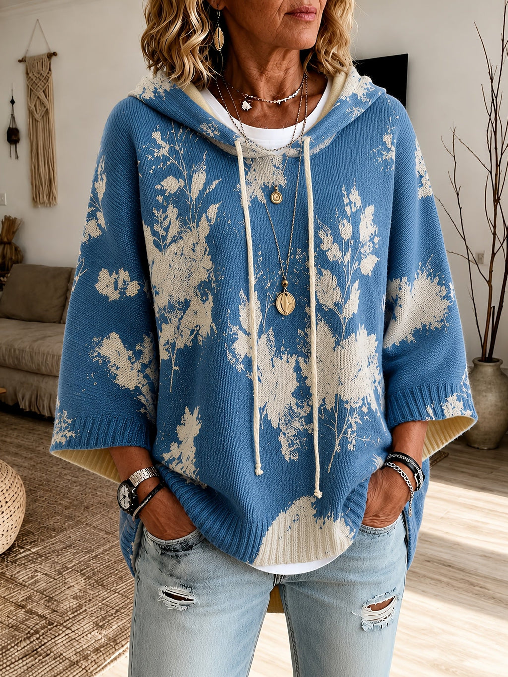 Hooded Poncho Sweater Floral Knit Women's Drawstring Cape Jumper – Casual, Autumn Layering