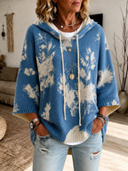 Hooded Poncho Sweater Floral Knit Women's Drawstring Cape Jumper – Casual, Autumn Layering