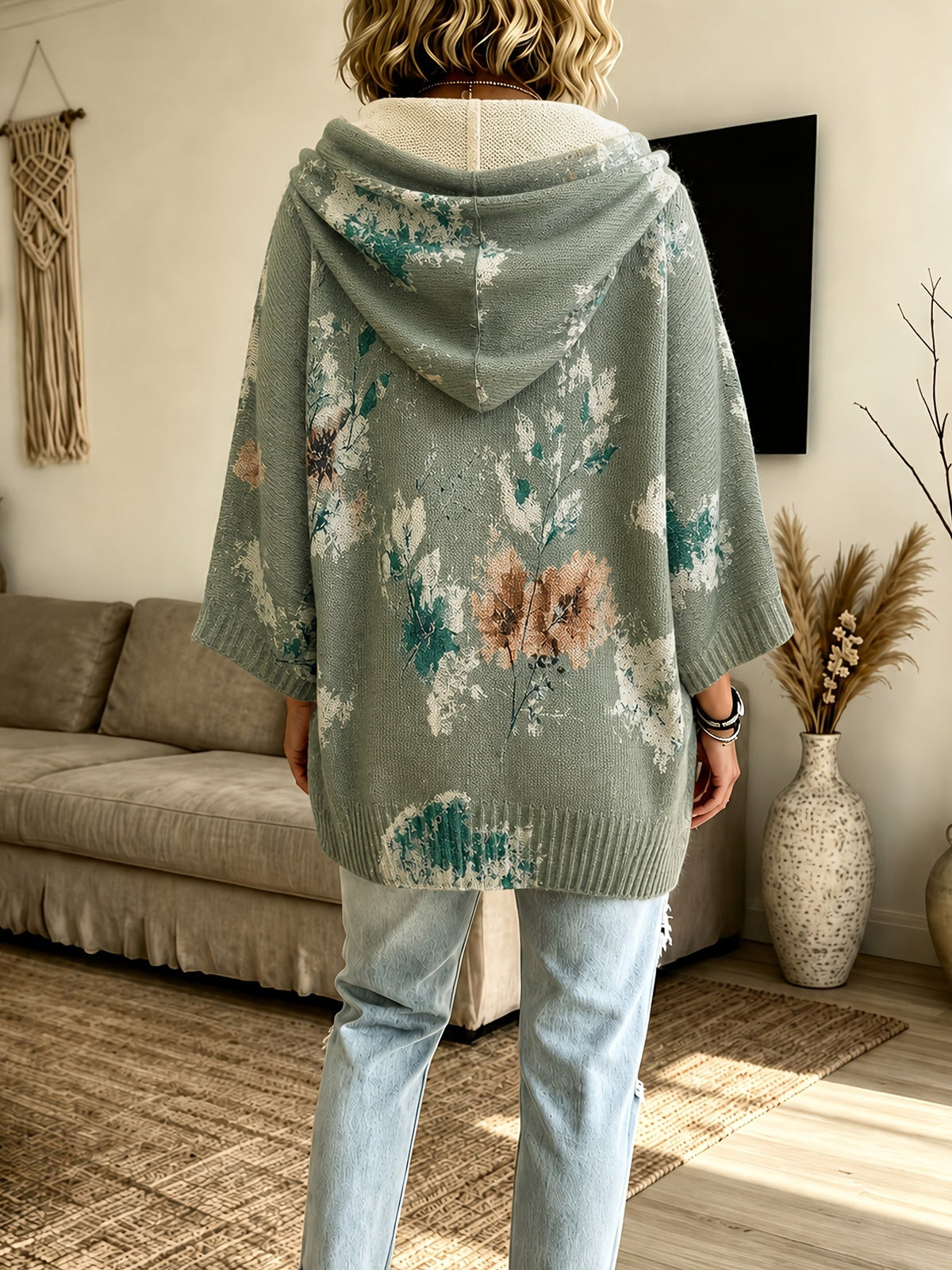 Hooded Poncho Sweater Floral Knit Women's Drawstring Cape Jumper – Casual, Autumn Layering