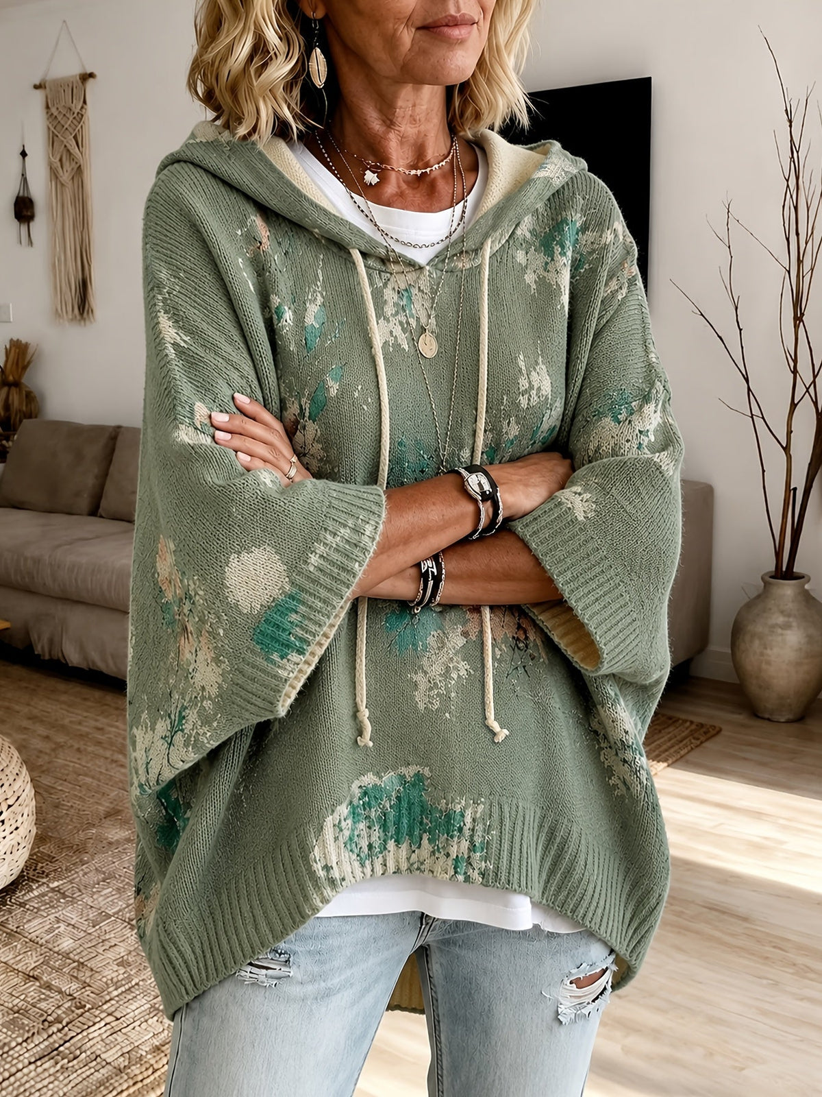 Hooded Poncho Sweater Floral Knit Women's Drawstring Cape Jumper – Casual, Autumn Layering