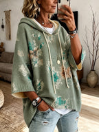 Hooded Poncho Sweater Floral Knit Women's Drawstring Cape Jumper – Casual, Autumn Layering