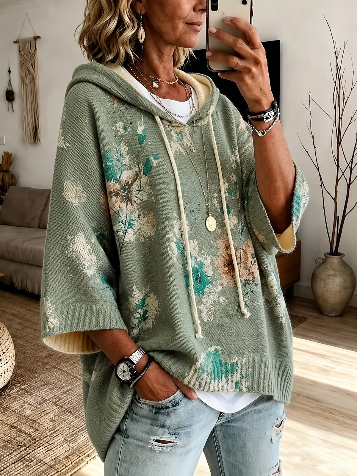 Hooded Poncho Sweater Floral Knit Women's Drawstring Cape Jumper – Casual, Autumn Layering