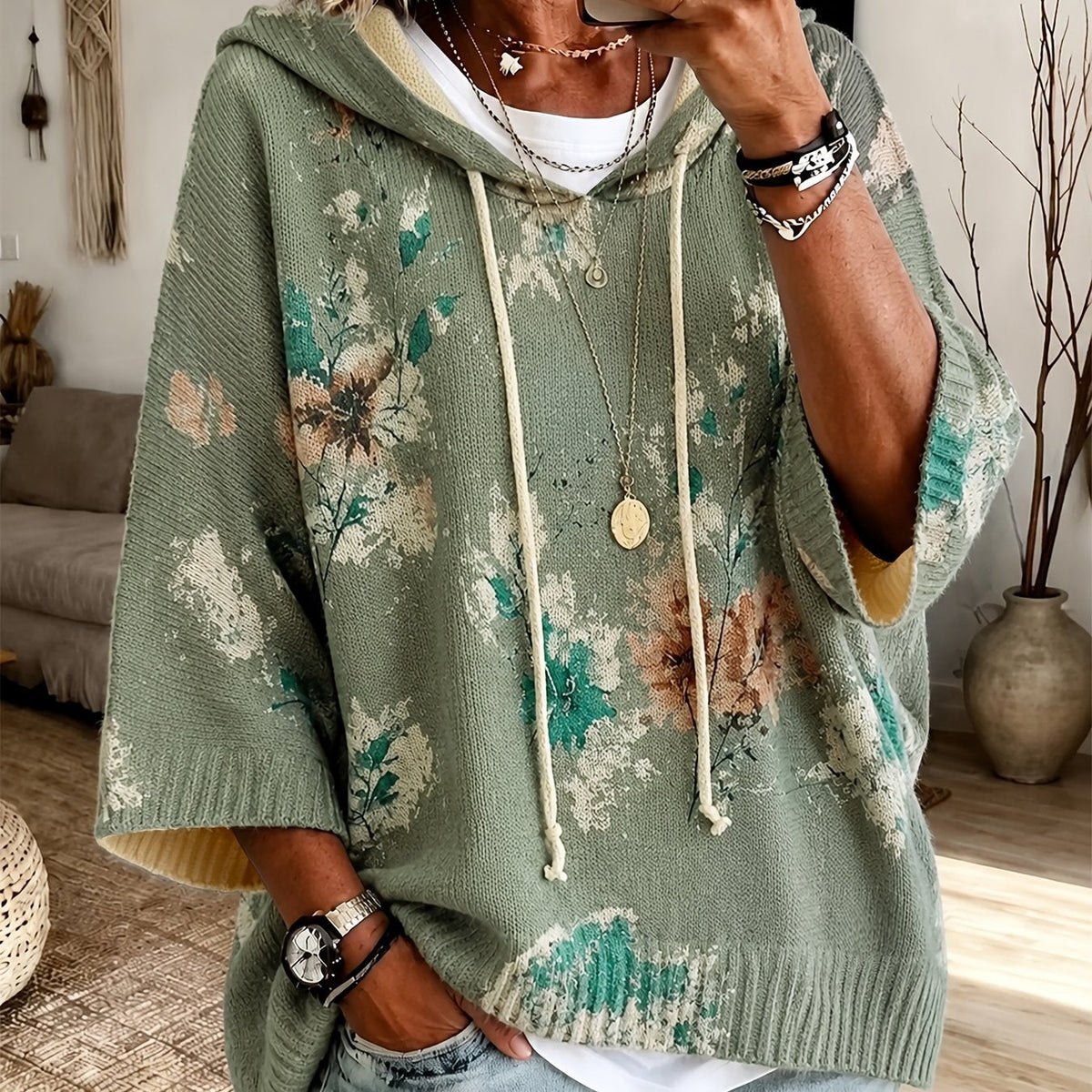 Hooded Poncho Sweater Floral Knit Women's Drawstring Cape Jumper – Casual, Autumn Layering