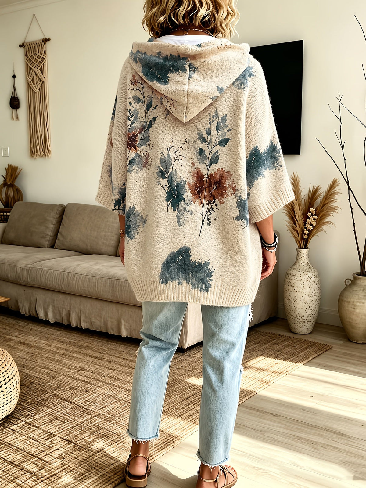 Hooded Poncho Sweater Floral Knit Women's Drawstring Cape Jumper – Casual, Autumn Layering