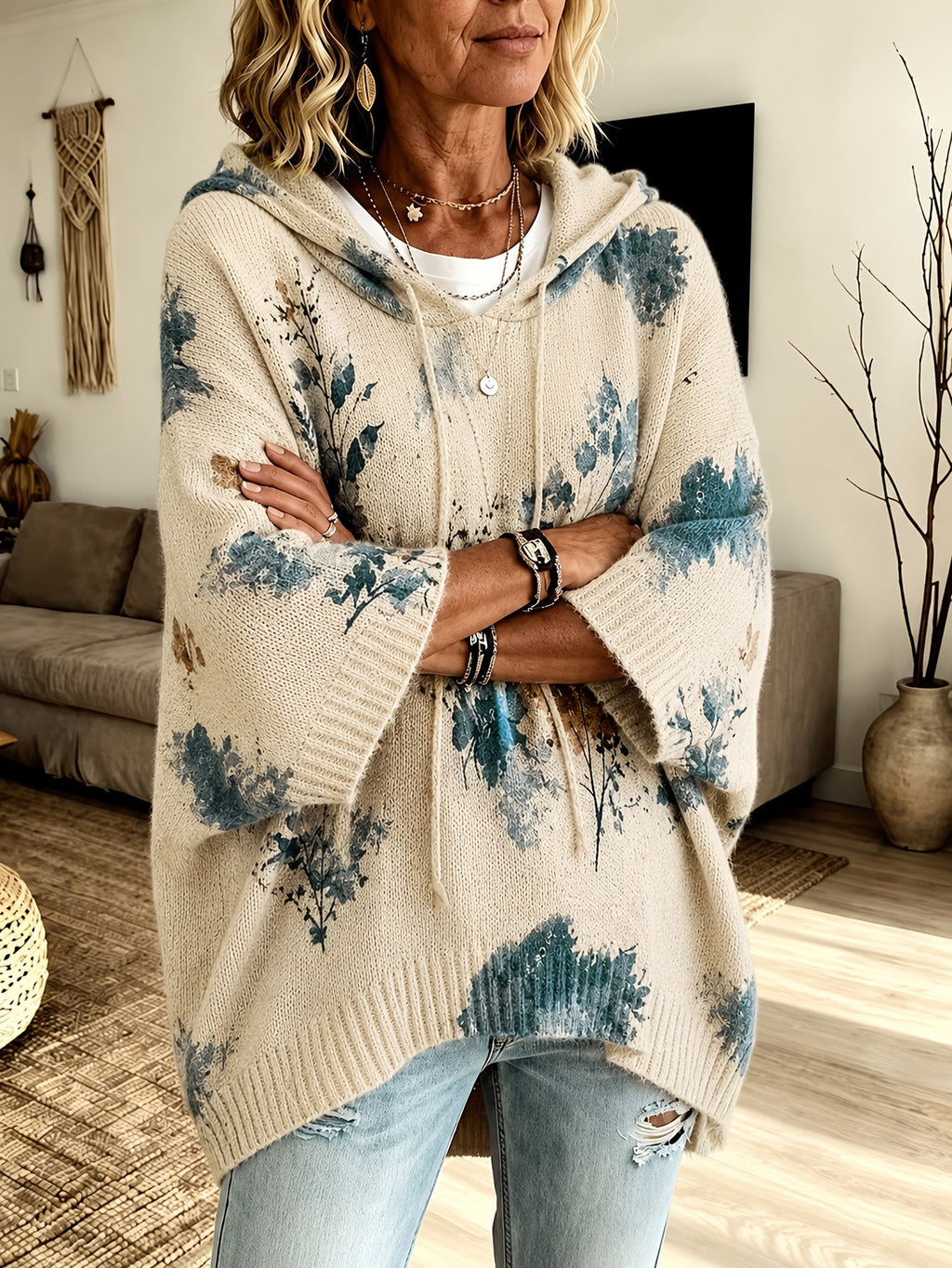Hooded Poncho Sweater Floral Knit Women's Drawstring Cape Jumper – Casual, Autumn Layering
