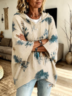 Hooded Poncho Sweater Floral Knit Women's Drawstring Cape Jumper – Casual, Autumn Layering