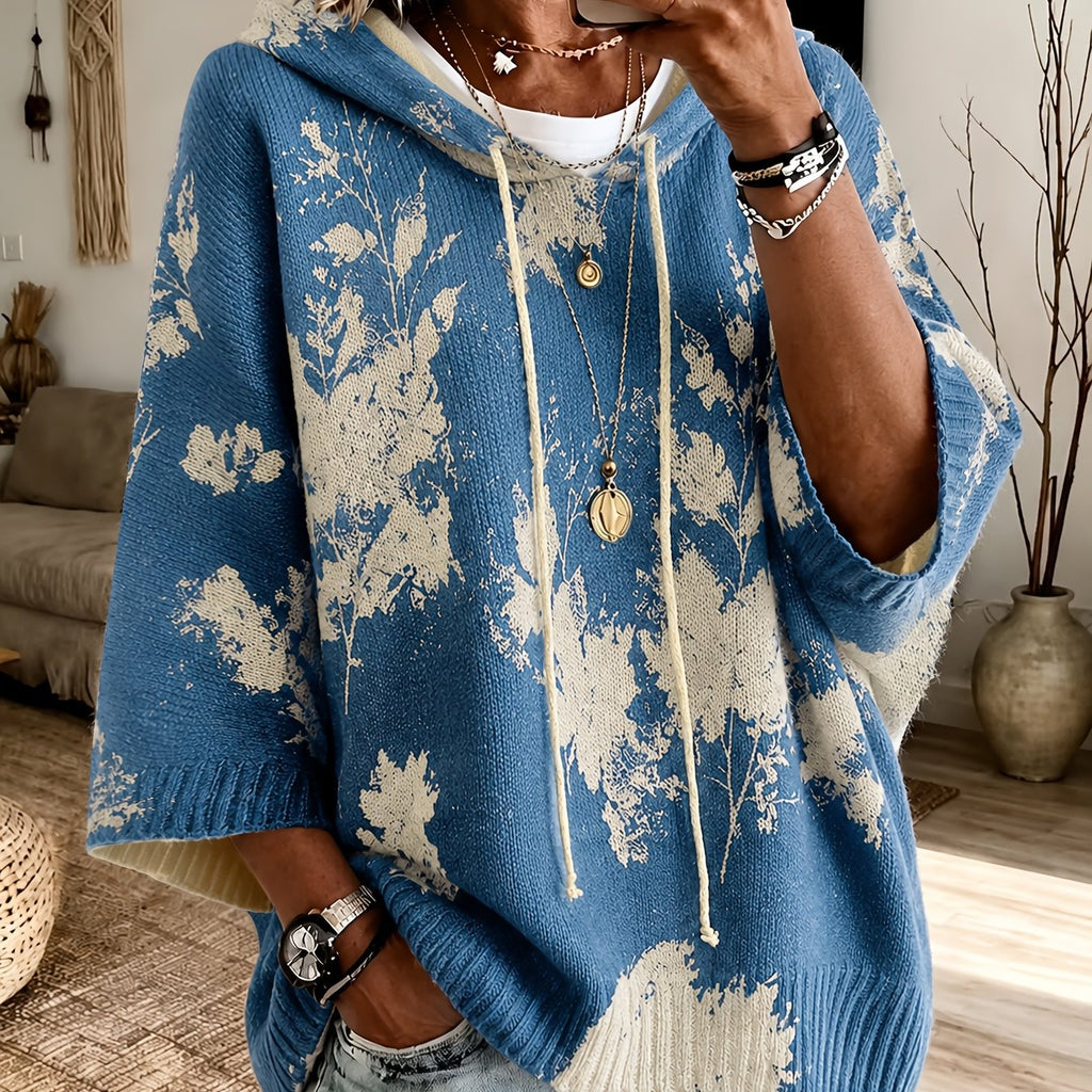 Hooded Poncho Sweater Floral Knit Women's Drawstring Cape Jumper – Casual, Autumn Layering