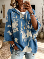 Hooded Poncho Sweater Floral Knit Women's Drawstring Cape Jumper – Casual, Autumn Layering