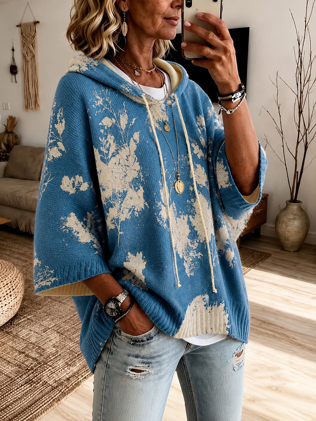 Hooded Poncho Sweater Floral Knit Women's Drawstring Cape Jumper – Casual, Autumn Layering