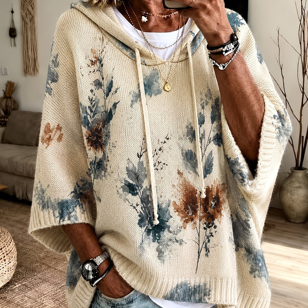 Hooded Poncho Sweater Floral Knit Women's Drawstring Cape Jumper – Casual, Autumn Layering