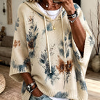 Hooded Poncho Sweater Floral Knit Women's Drawstring Cape Jumper – Casual, Autumn Layering