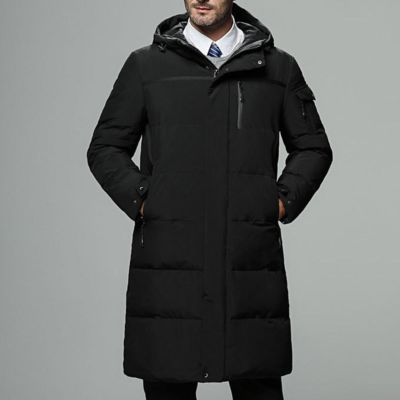 Hooded Puffer Coat Men's Black Longline Padded Winter Jacket – Casual, Everyday, Warm Outerwear