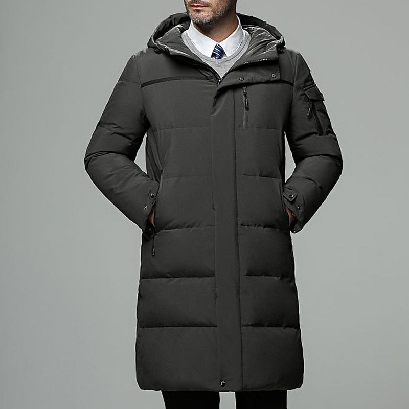 Hooded Puffer Coat Men's Black Longline Padded Winter Jacket – Casual, Everyday, Warm Outerwear