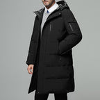 Hooded Puffer Coat Men's Black Longline Padded Winter Jacket – Casual, Everyday, Warm Outerwear