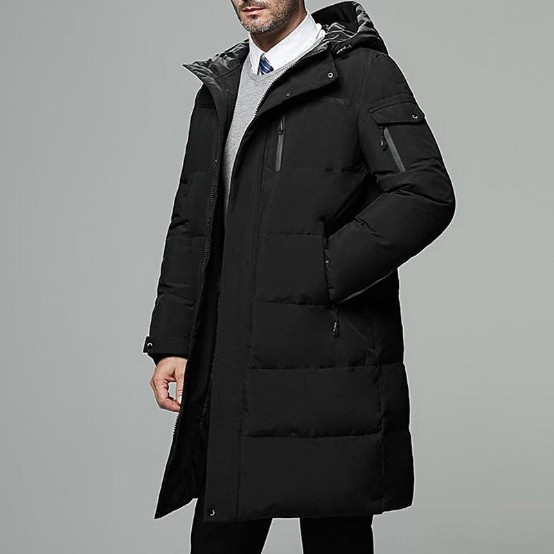 Hooded Puffer Coat Men's Black Longline Padded Winter Jacket – Casual, Everyday, Warm Outerwear