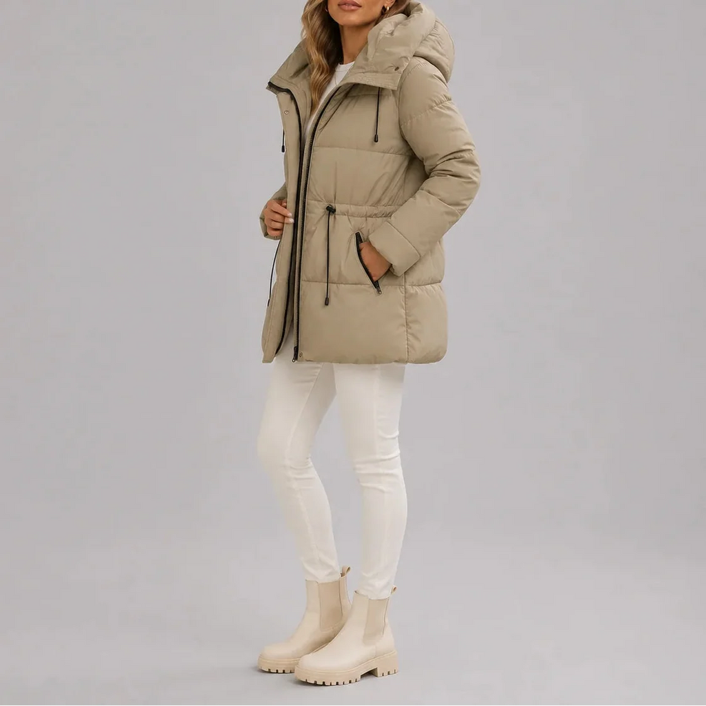 Hooded Puffer Coat Women's Beige Drawstring Waist Zip Pockets – Casual, Winter, Office, Gift