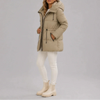 Hooded Puffer Coat Women's Beige Drawstring Waist Zip Pockets – Casual, Winter, Office, Gift