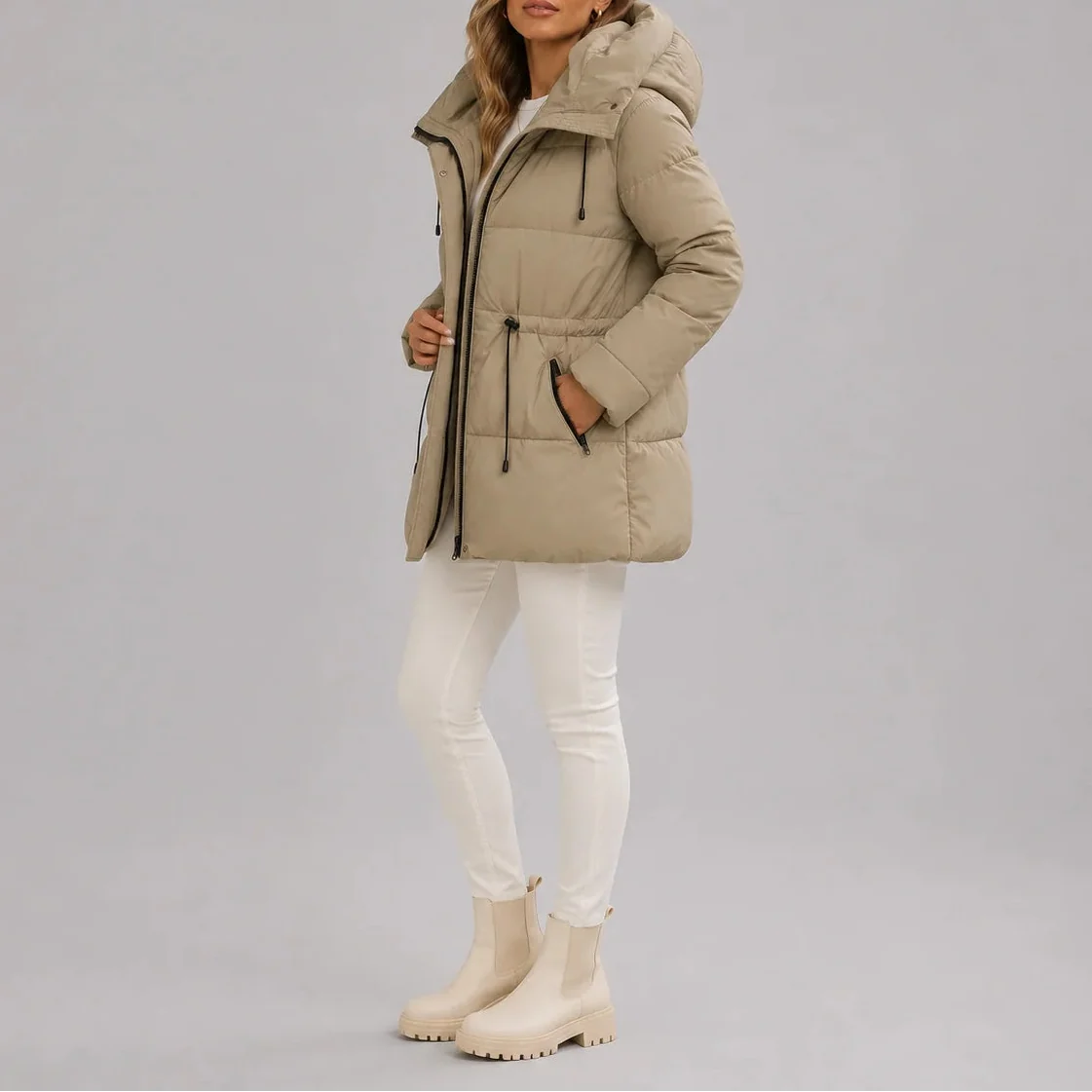 Hooded Puffer Coat Women's Beige Drawstring Waist Zip Pockets – Casual, Winter, Office, Gift
