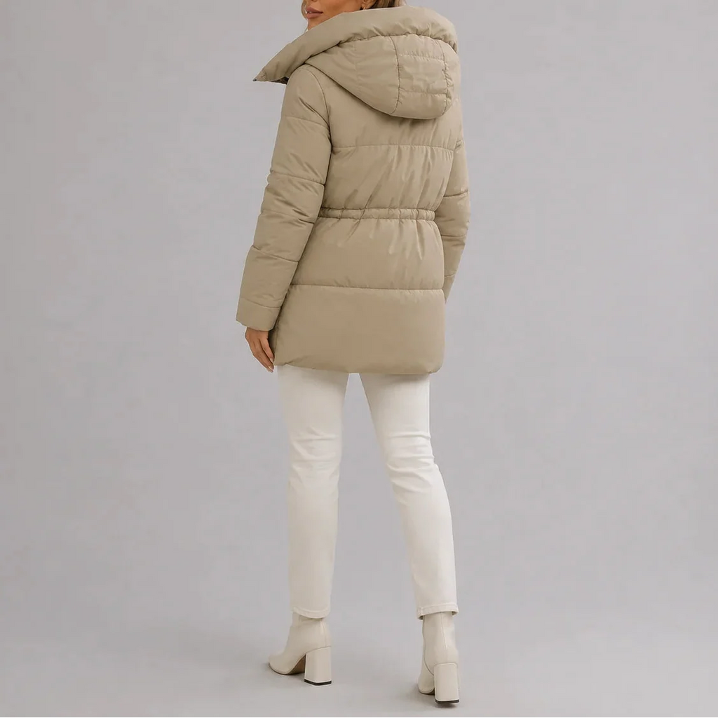 Hooded Puffer Coat Women's Beige Drawstring Waist Zip Pockets – Casual, Winter, Office, Gift