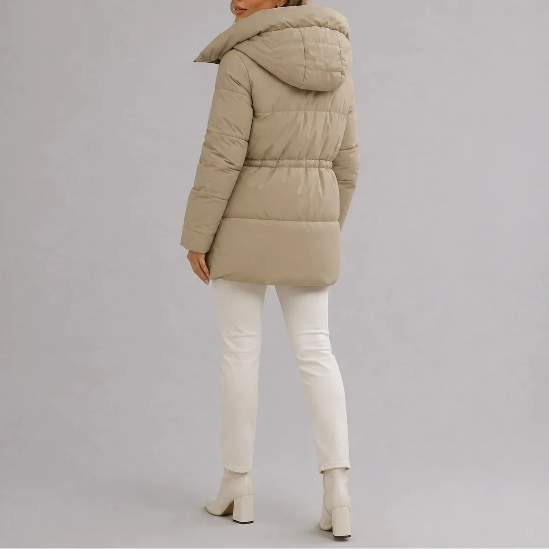 Hooded Puffer Coat Women's Beige Drawstring Waist Zip Pockets – Casual, Winter, Office, Gift