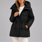 Hooded Puffer Coat Women's Beige Drawstring Waist Zip Pockets – Casual, Winter, Office, Gift
