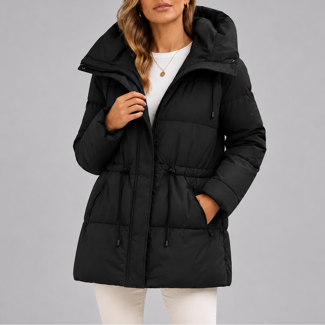 Hooded Puffer Coat Women's Beige Drawstring Waist Zip Pockets – Casual, Winter, Office, Gift