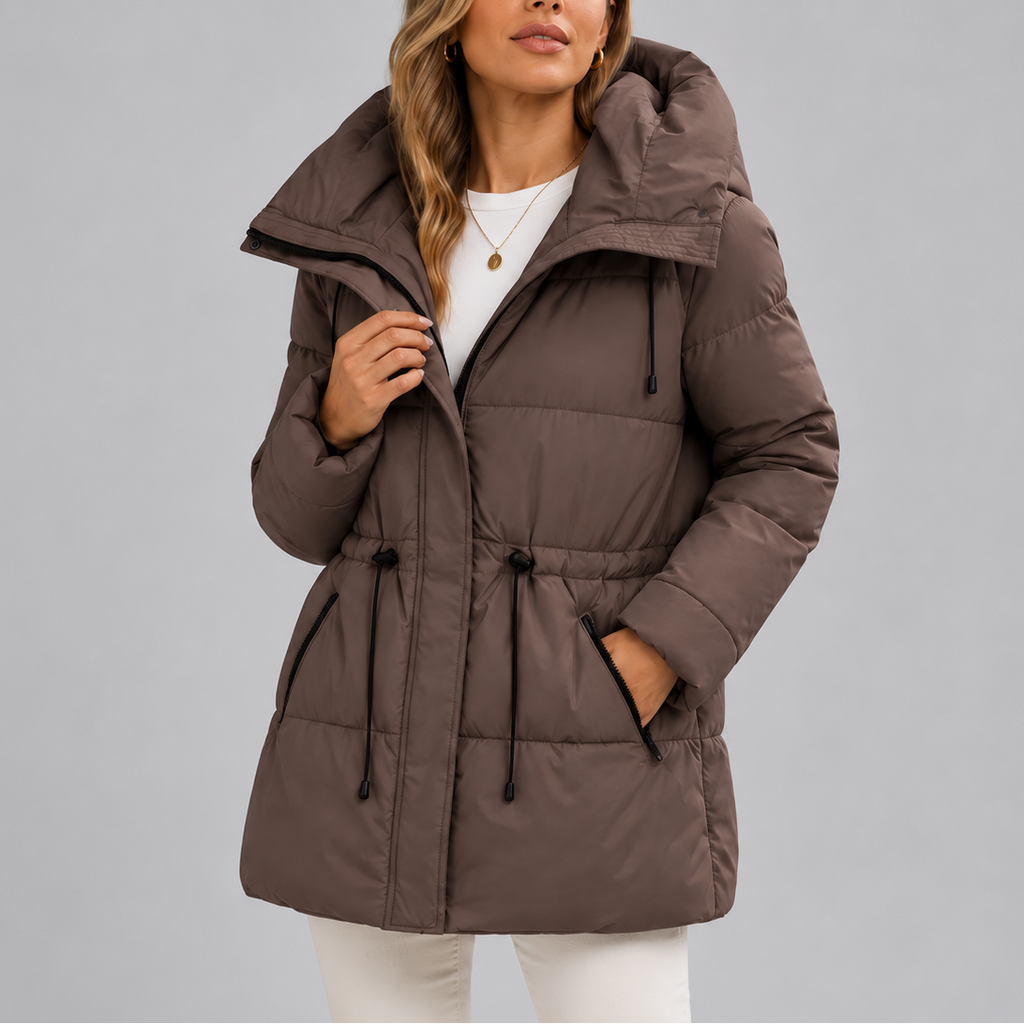 Hooded Puffer Coat Women's Beige Drawstring Waist Zip Pockets – Casual, Winter, Office, Gift