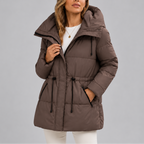 Hooded Puffer Coat Women's Beige Drawstring Waist Zip Pockets – Casual, Winter, Office, Gift