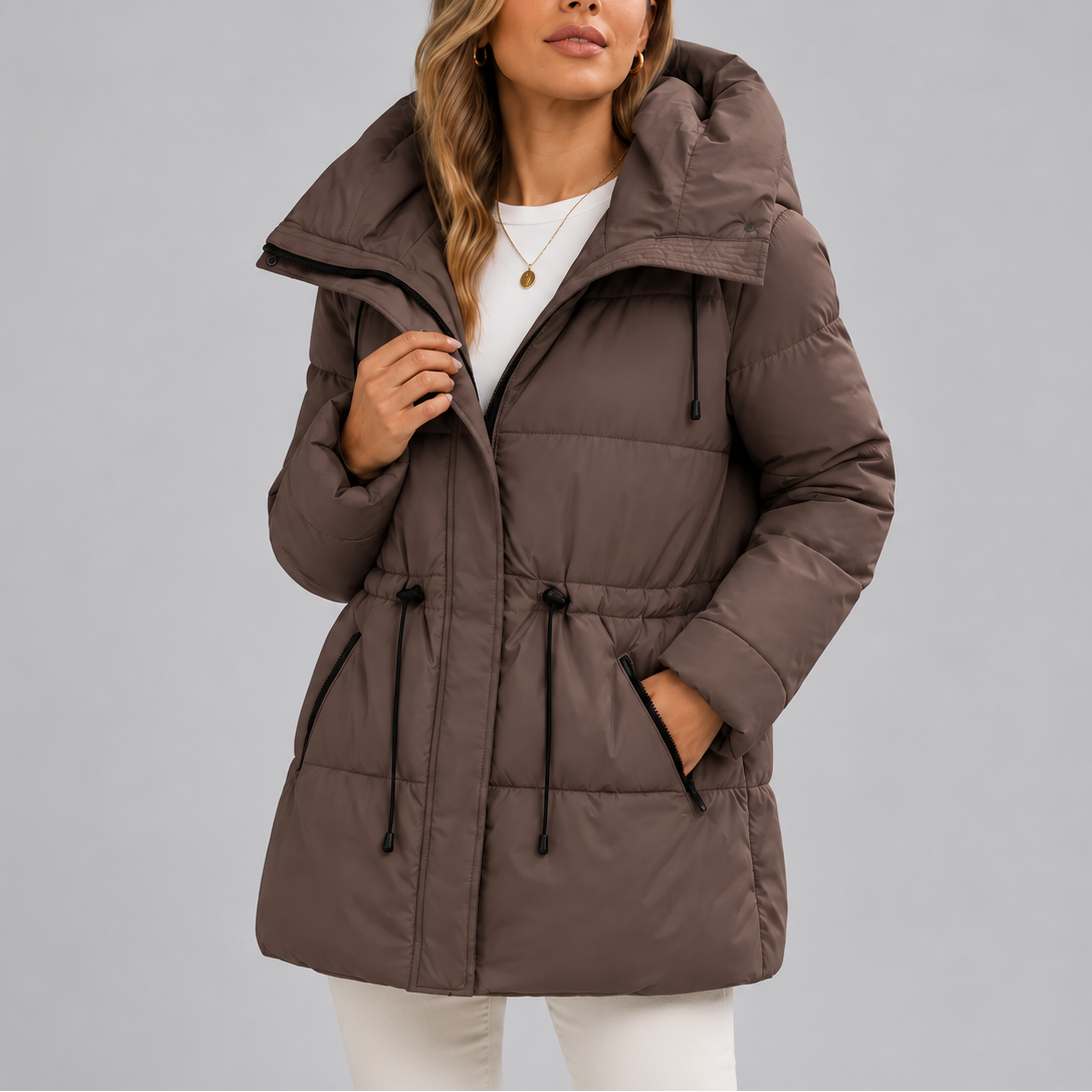Hooded Puffer Coat Women's Beige Drawstring Waist Zip Pockets – Casual, Winter, Office, Gift