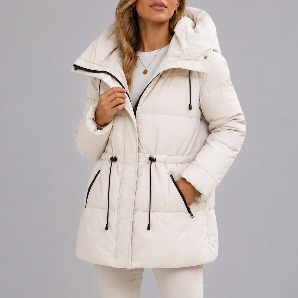 Hooded Puffer Coat Women's Beige Drawstring Waist Zip Pockets – Casual, Winter, Office, Gift