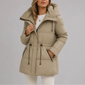 Hooded Puffer Coat Women's Beige Drawstring Waist Zip Pockets – Casual, Winter, Office, Gift