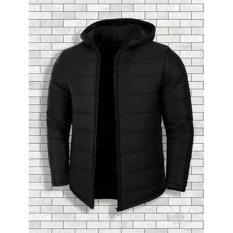 Hooded Puffer Jacket Black Quilted Men's Zip-Up – Casual, Winter, Outdoor, Gift · Werune