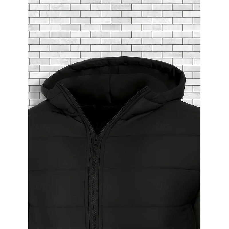 Hooded Puffer Jacket Black Quilted Men's Zip-Up – Casual, Winter, Outdoor, Gift · Werune