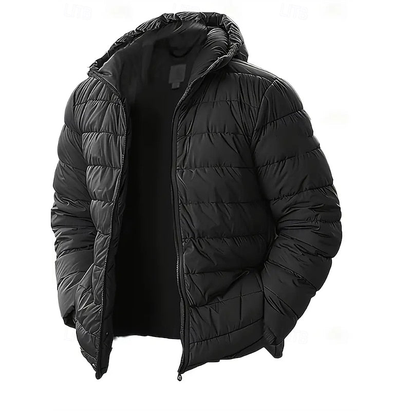 Hooded Puffer Jacket Black Quilted Men's Zip-Up – Casual, Winter, Outdoor, Gift · Werune
