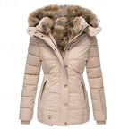 Hooded Puffer Jacket Faux Fur Trim Black Women's – Casual, Winter, Holiday, Gift