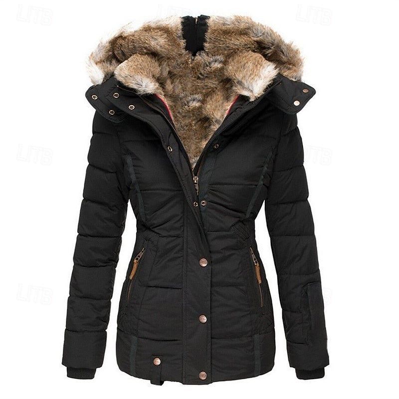 Hooded Puffer Jacket Faux Fur Trim Black Women's – Casual, Winter, Holiday, Gift