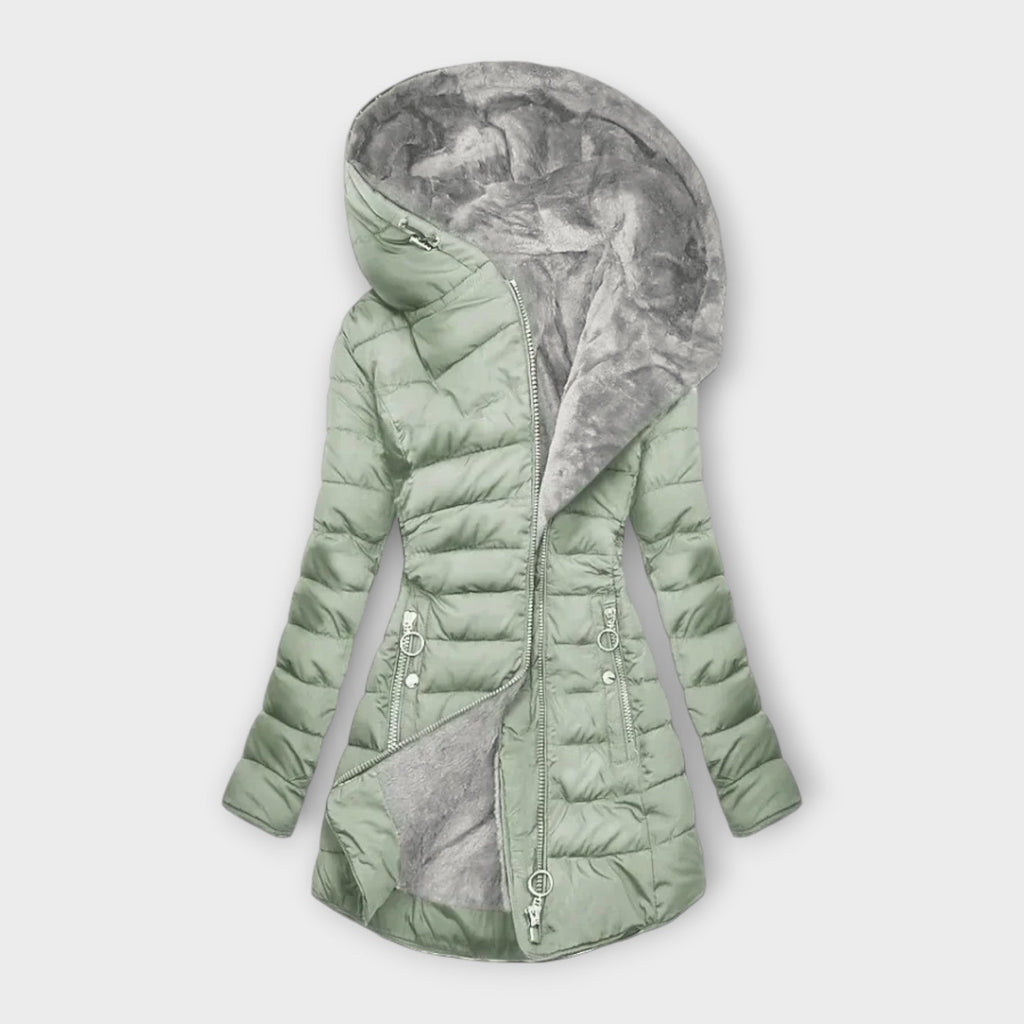 Hooded Puffer Jacket Fleece-Lined Sage Green Women's – Casual, Winter, Warm Everyday Coat