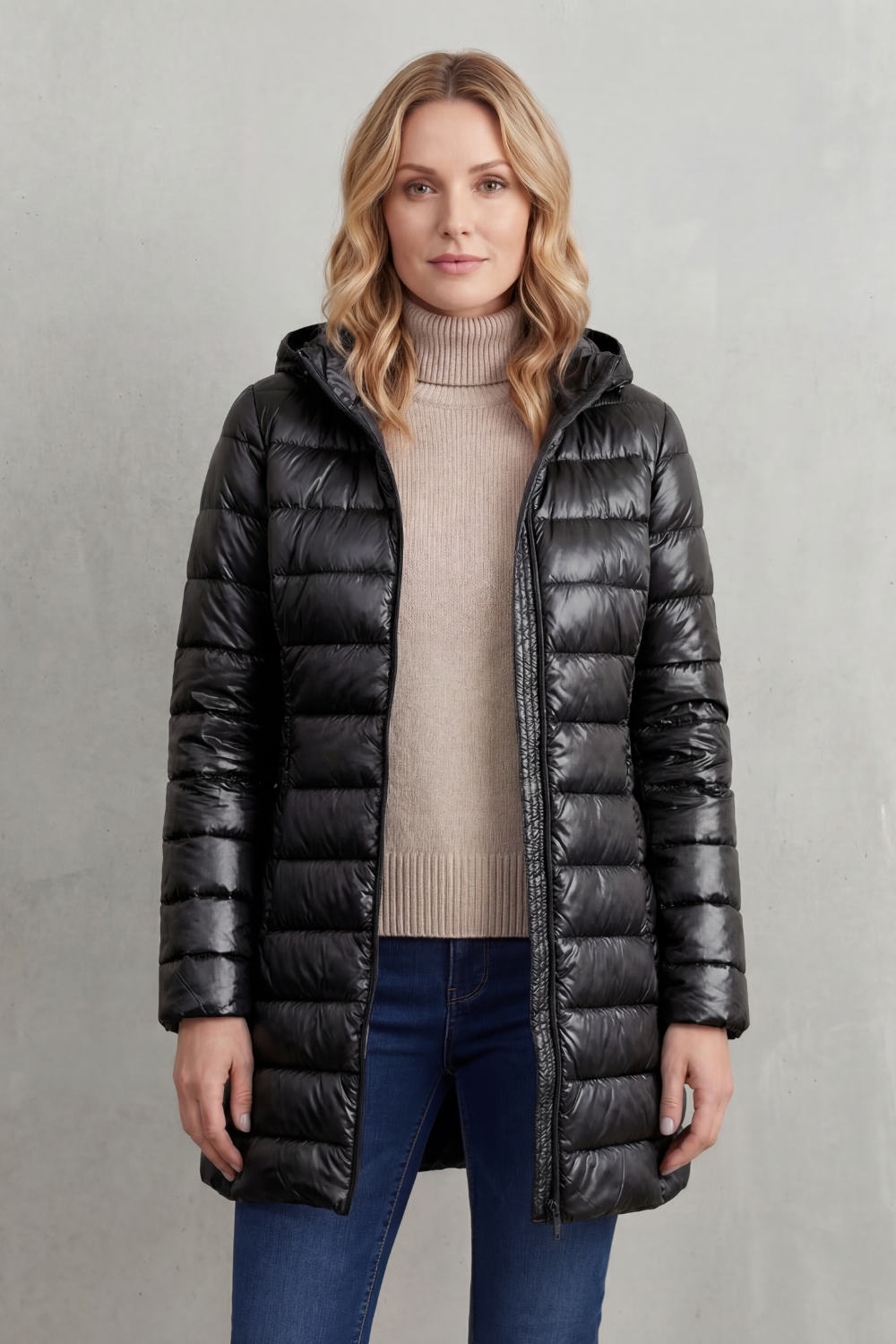 Hooded Puffer Jacket Lightweight Quilted Women's Blue Longline – Casual, Winter Warmth