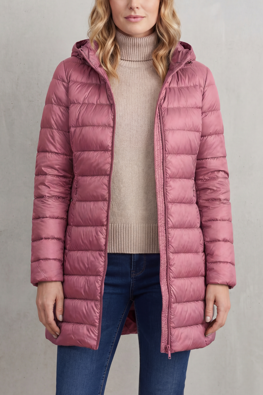 Hooded Puffer Jacket Lightweight Quilted Women's Blue Longline – Casual, Winter Warmth