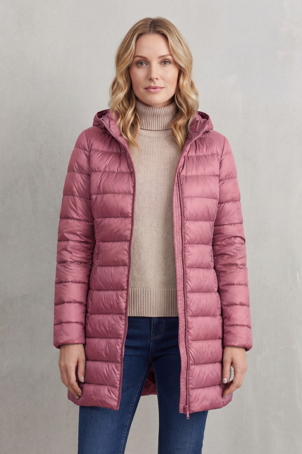 Hooded Puffer Jacket Lightweight Quilted Women's Blue Longline – Casual, Winter Warmth