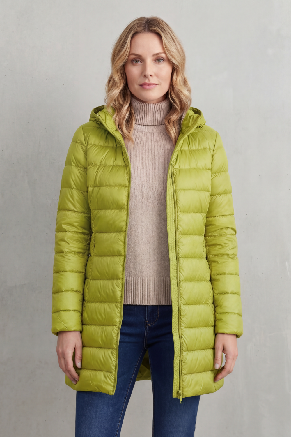 Hooded Puffer Jacket Lightweight Quilted Women's Blue Longline – Casual, Winter Warmth
