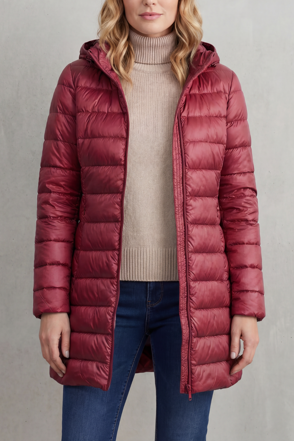 Hooded Puffer Jacket Lightweight Quilted Women's Blue Longline – Casual, Winter Warmth