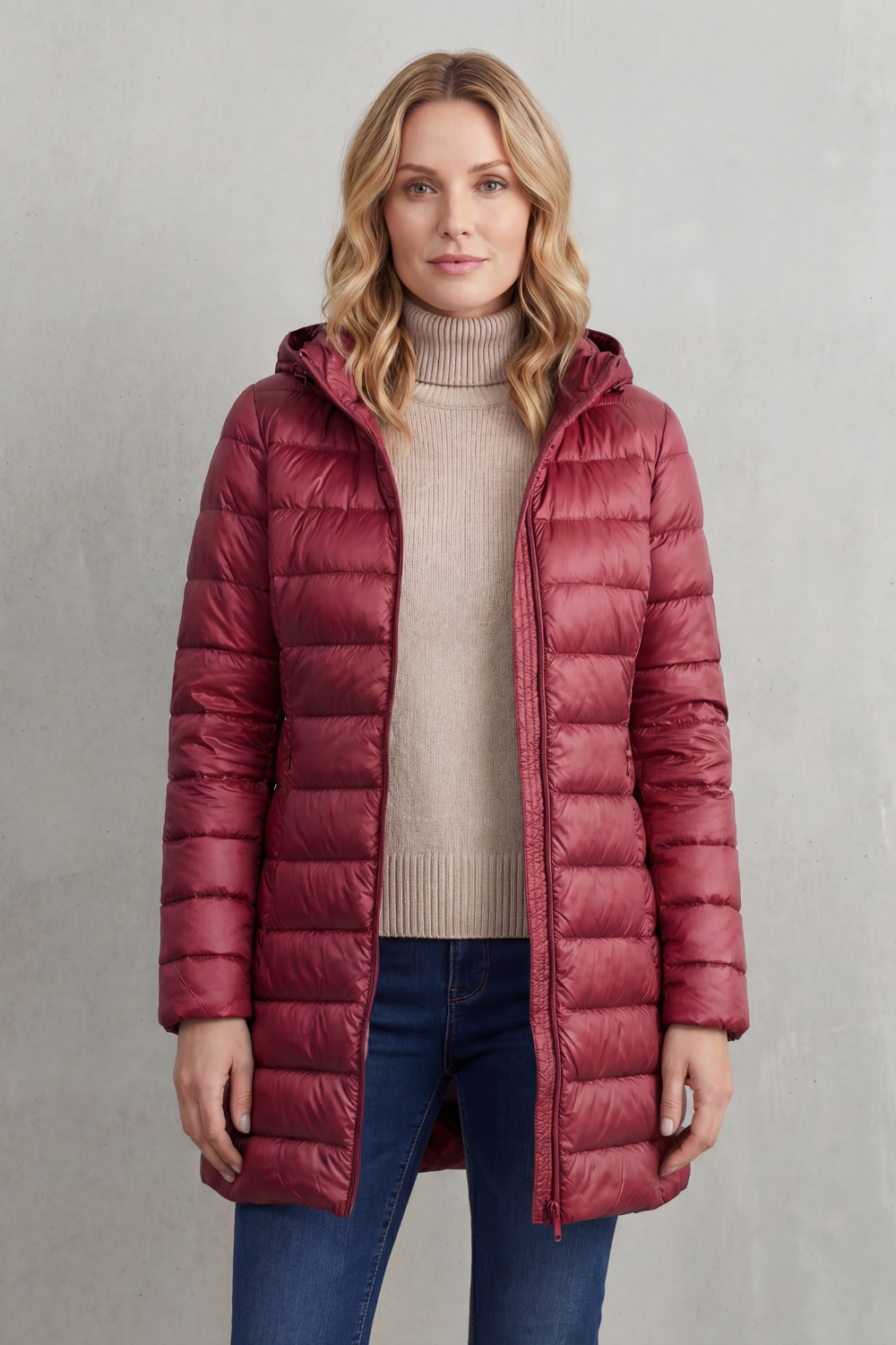 Hooded Puffer Jacket Lightweight Quilted Women's Blue Longline – Casual, Winter Warmth