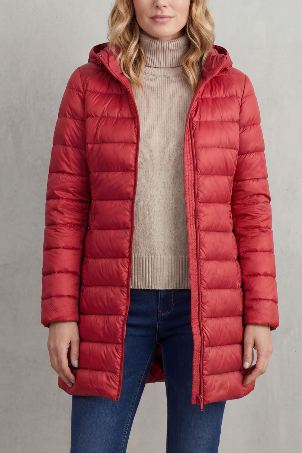 Hooded Puffer Jacket Lightweight Quilted Women's Blue Longline – Casual, Winter Warmth