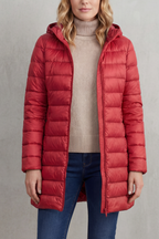 Hooded Puffer Jacket Lightweight Quilted Women's Blue Longline – Casual, Winter Warmth