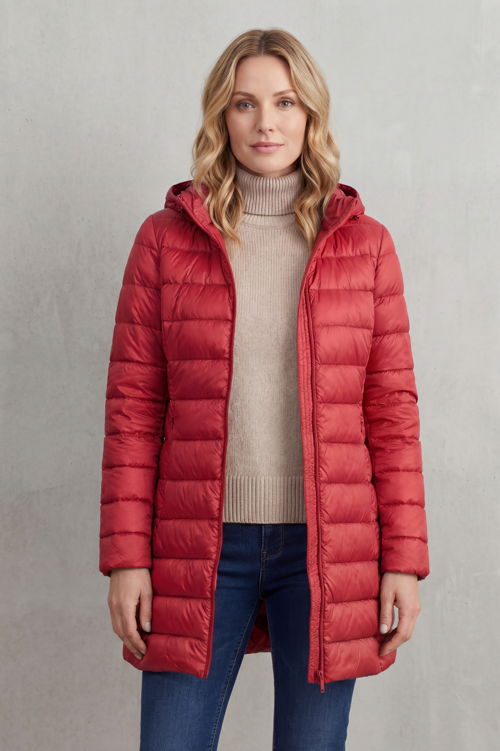 Hooded Puffer Jacket Lightweight Quilted Women's Blue Longline – Casual, Winter Warmth