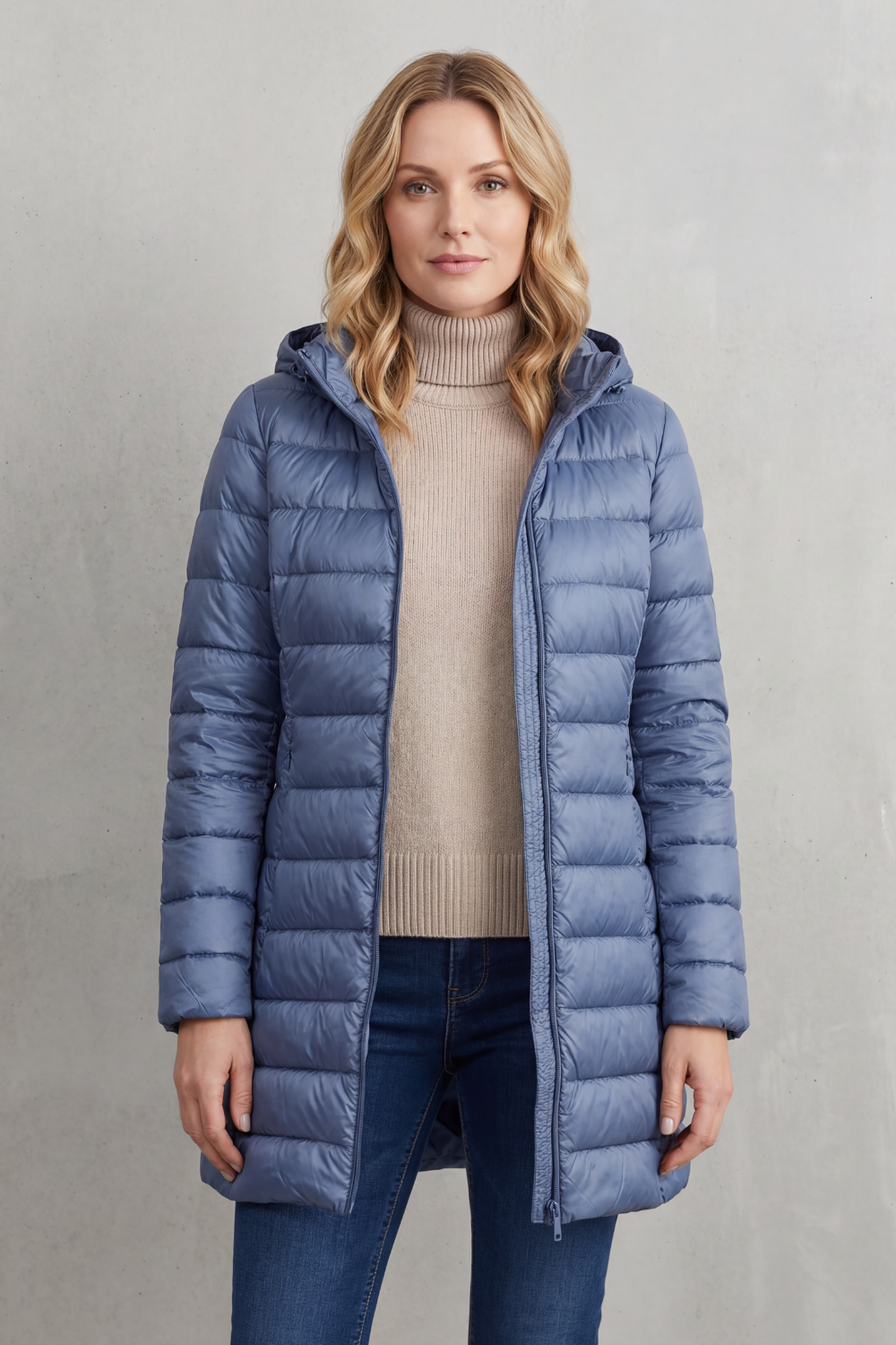 Hooded Puffer Jacket Lightweight Quilted Women's Blue Longline – Casual, Winter Warmth