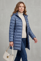 Hooded Puffer Jacket Lightweight Quilted Women's Blue Longline – Casual, Winter Warmth